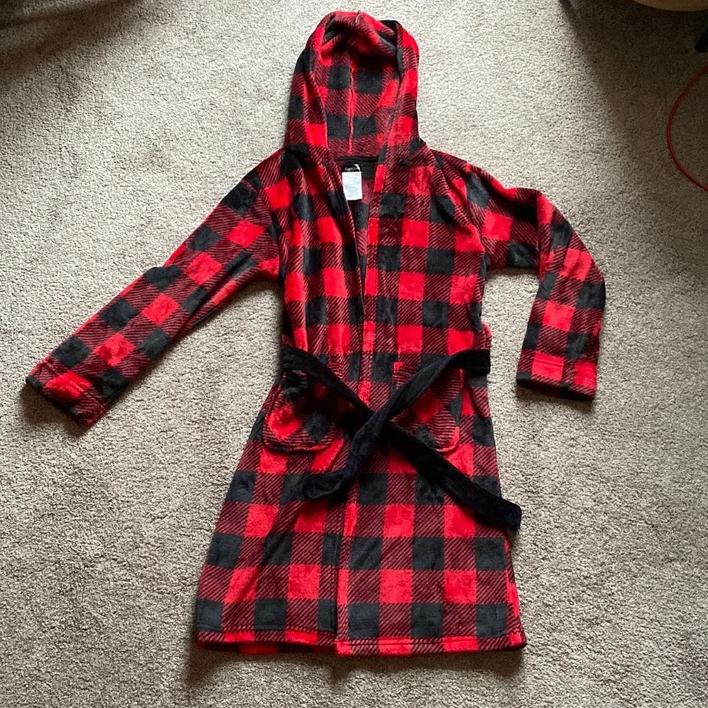 Cuddl Duds Kids red & black Buffalo Plaid hooded fleece robe size L 12/14 large